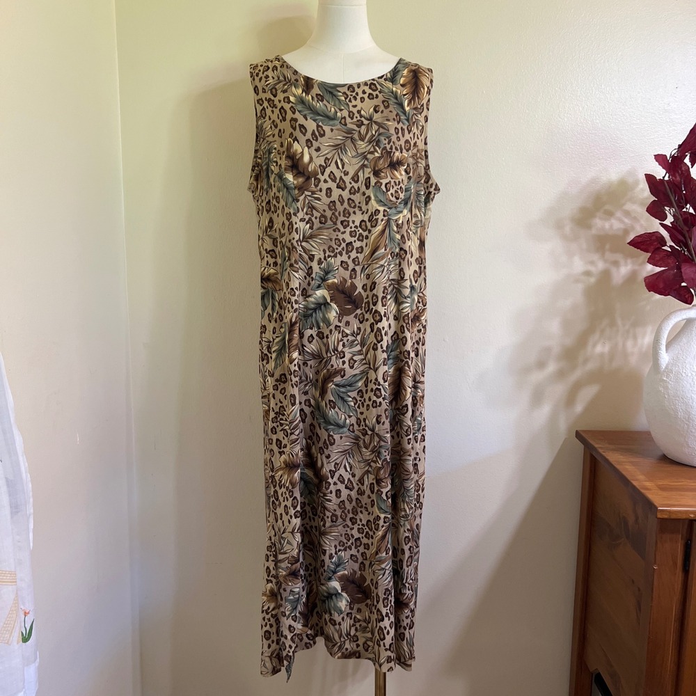Requirements Womens XL Leopard Tropical Floral Rayon Sleeveless Maxi Dress Brown